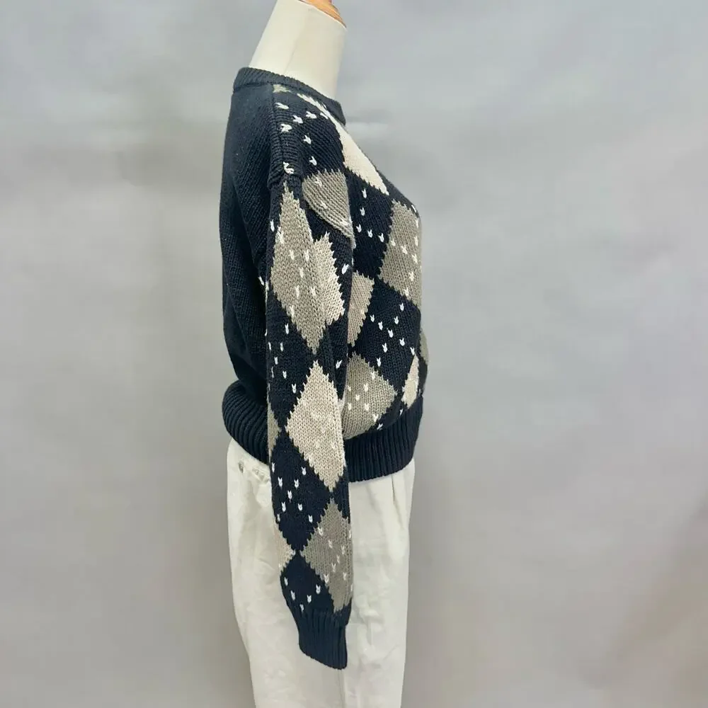 Vintage‎ Lizsport Argyle Sweater Women’s Small – Ramie Cotton Knit Oversized Fit